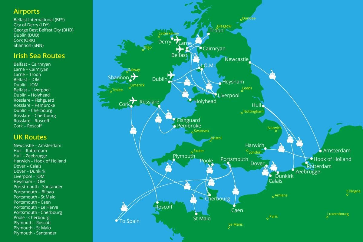 地図のフェリー航路にアイルランド